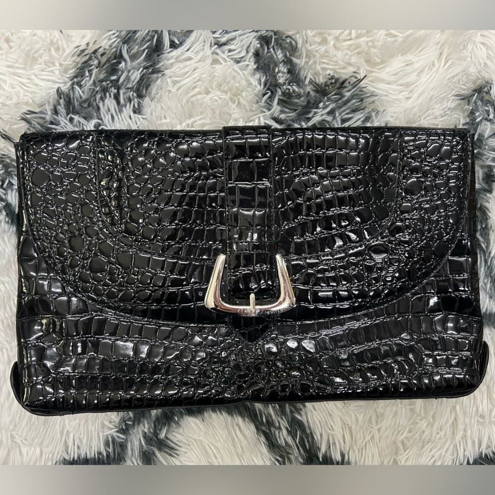 White House Black Market Glossy Black Croc Clutch